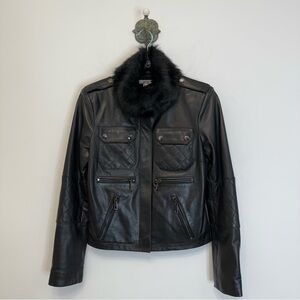 Cache’ Black Leather Faux Fur Mock Neck Collar Moto Biker Jacket Women’s Small